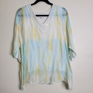 3 / $30 Belle France Tie Dye Tunic Crochet Sheer‎ Large Blue Italy Silk Blend